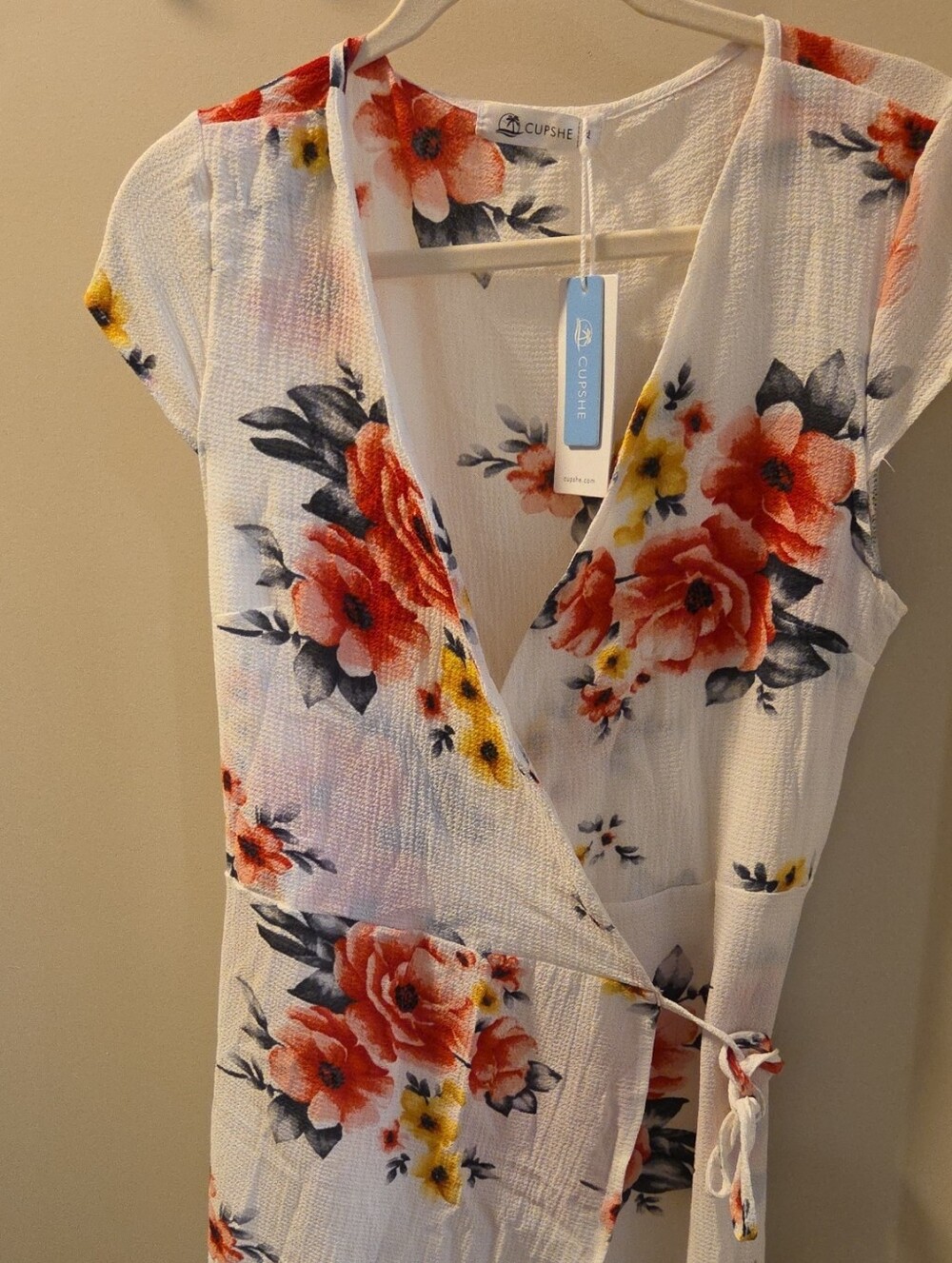 Cupshe White Floral Midi Wrap Dress with Coral & Yellow Blooms